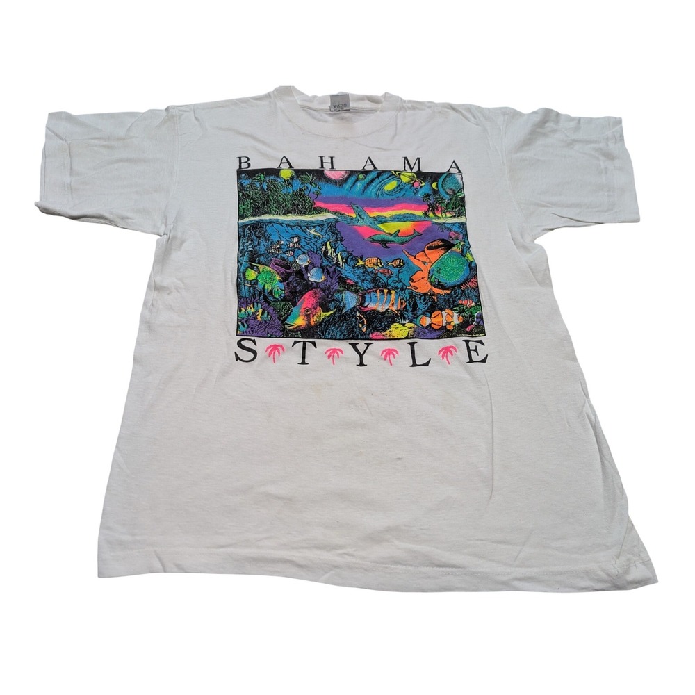 Super T's Graphic Tee Mens XL White Bahama Style Vintage 90s Single Stitch Fish
